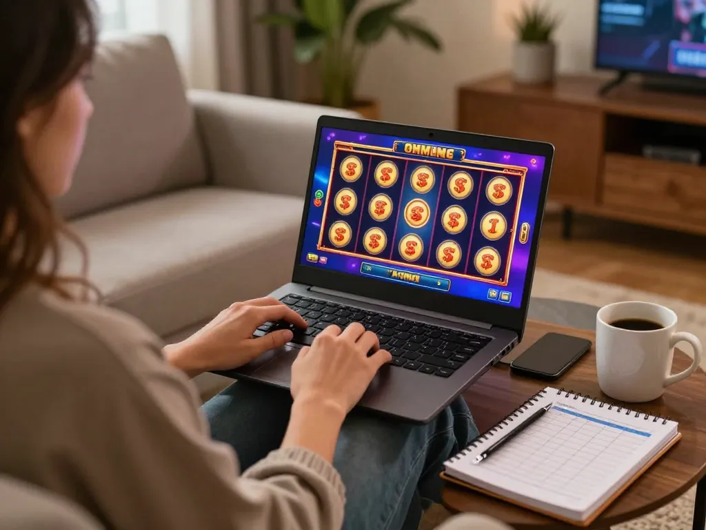 Player engaging in online gaming at trang chủ NK88 with vibrant slot game interface on laptop.