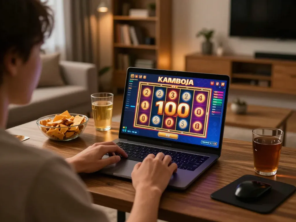 Engaging gameplay on slot kamboja bet 100 with vibrant graphics in a cozy home setting.