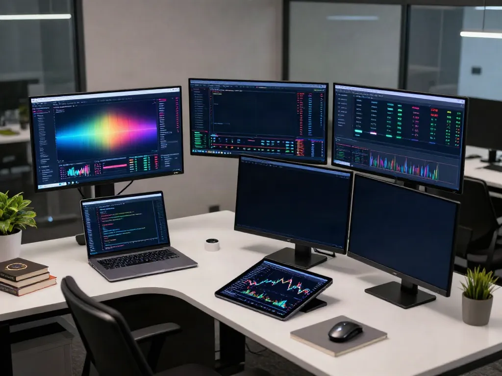 Cryptocurrency trading workspace with real-time 比特币价格API data, advanced monitors, and secure digital wallets.