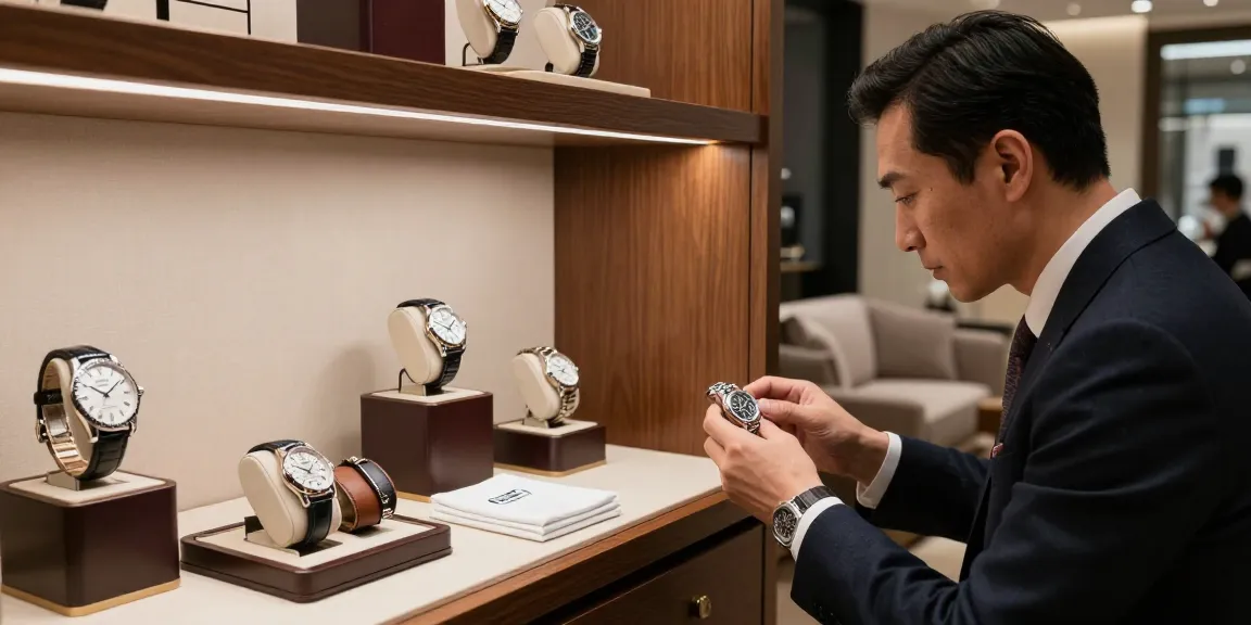 Exquisite replica watch selection in luxury boutique with attentive enthusiast exploring details.