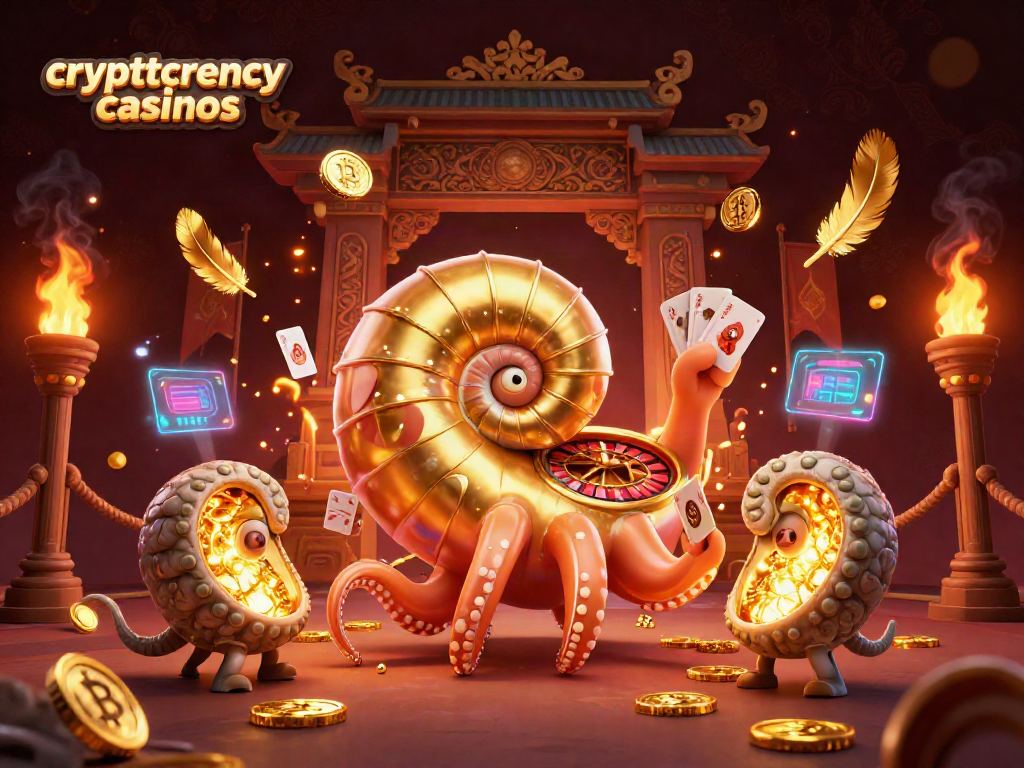 Engage in thrilling gameplay at cryptocurrency casinos with a dynamic 3D illustration of a giant nautilus roulette wheel and expert card handling.