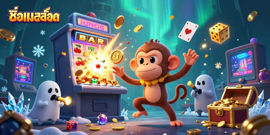Engage in thrilling gameplay with ชื่อเกมสล็อต featuring monkey and puppy in a vibrant casino.