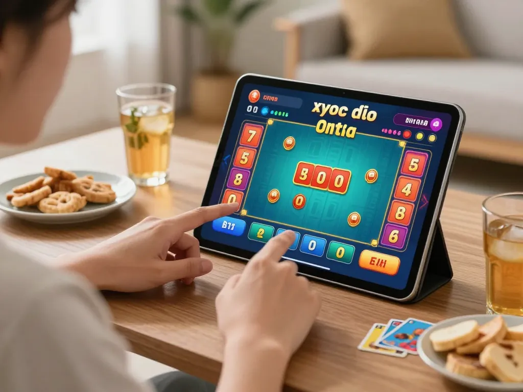 Engaging in xóc đĩa online gameplay on a tablet, surrounded by snacks and drinks in a cozy setting