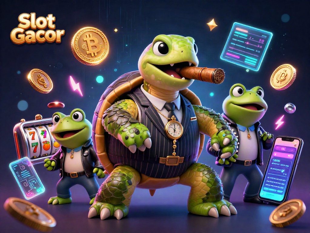 Spin with Slot Gacor as a turtle in a mobster suit lights up the casino floor with crypto flair.