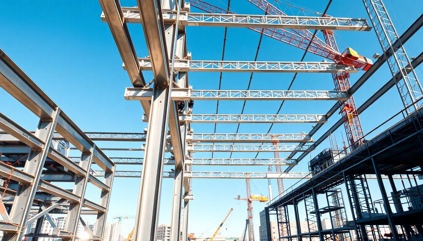 Structural steel construction process featuring workers and structural frames during an active build.