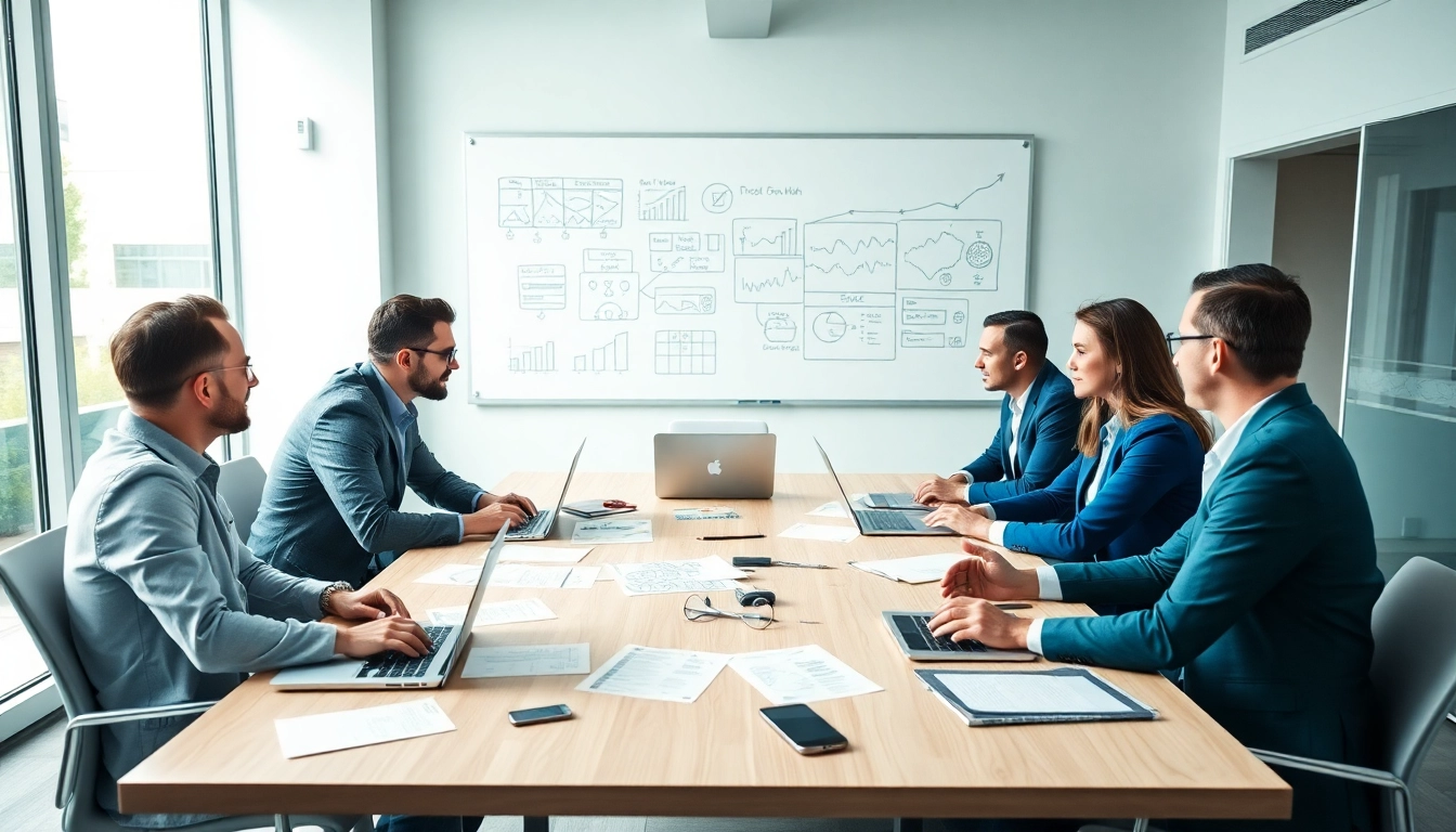 Analyze growth strategy trends with a collaborative team in a modern office setting.