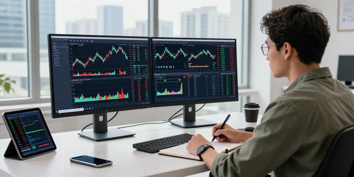 Trader utilizing MetaTrader 5 on multiple screens in a modern workspace, analyzing market data and charts.