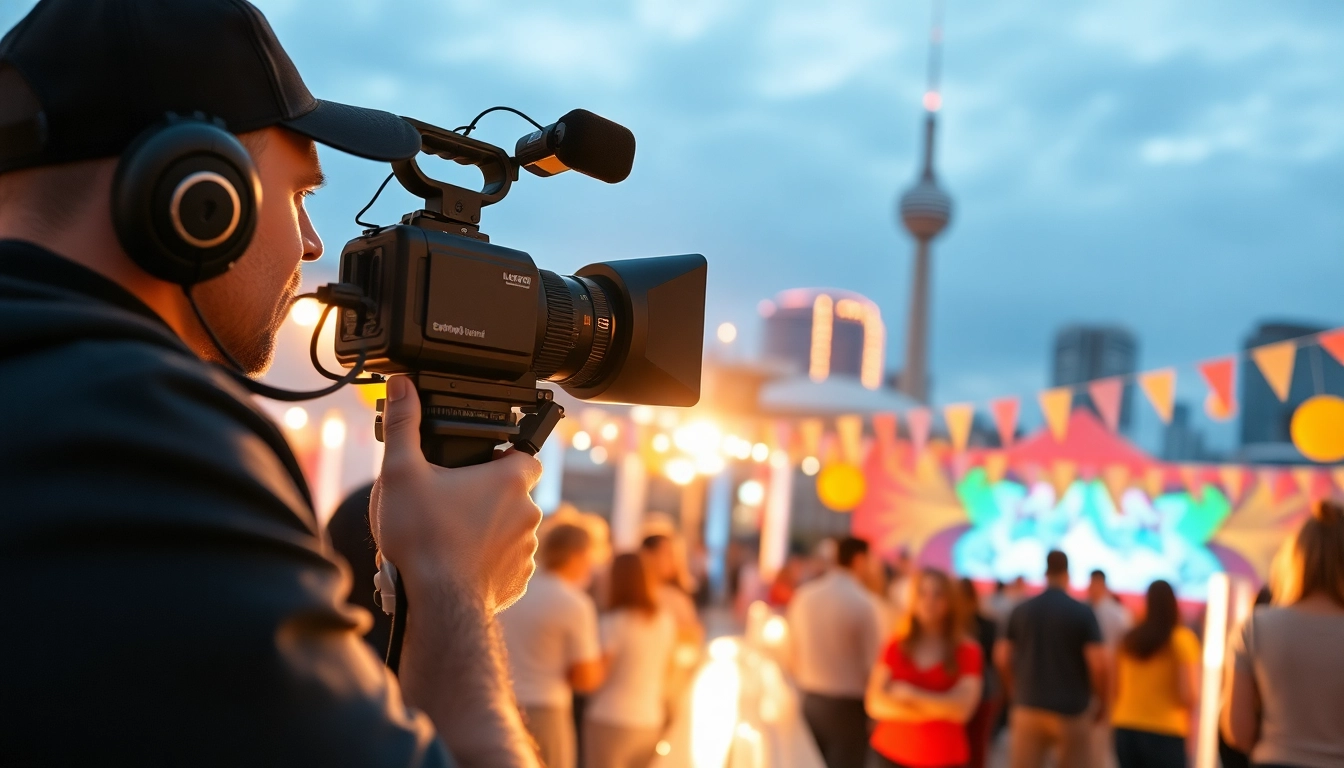 Edmonton videographer capturing a lively outdoor event with natural lighting in a vibrant city setting.