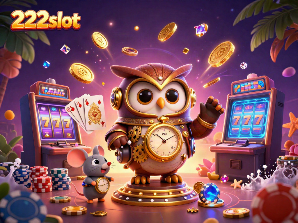 Permainan slot 222slot menampilkan mesin slot, koin emas mengalir, dan kartu poker dalam ilustrasi 3D