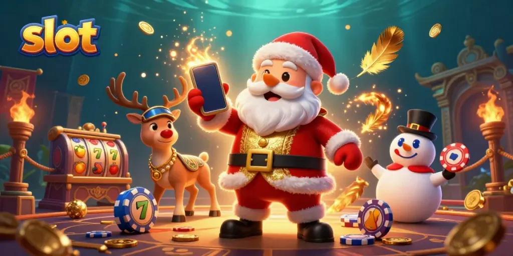 Memenangkan jackpot slot gacor dengan Santa Claus dan teman-temannya di kasino menghibur penuh warna.