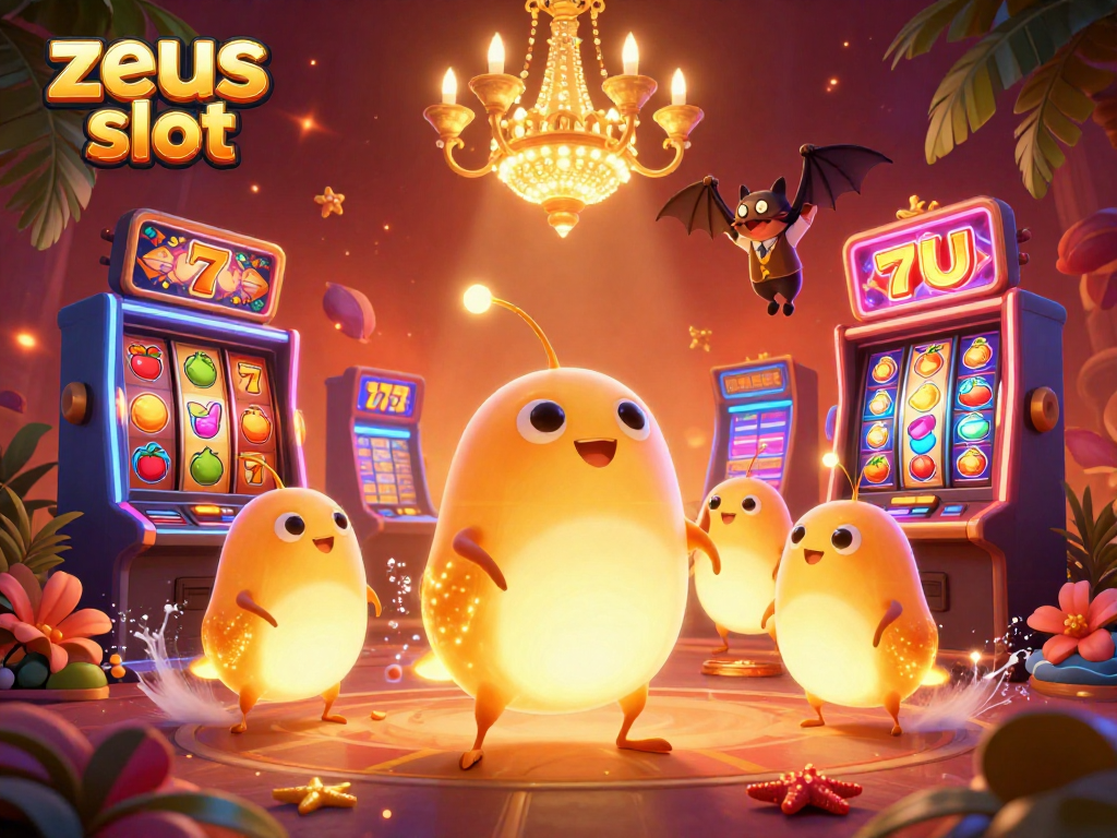 Engage with zeus slot featuring glowing worms in a lively casino, illuminating the excitement of jackpot gameplay.