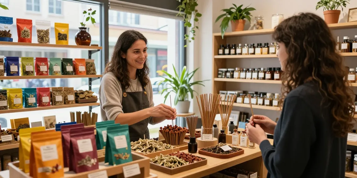 Customer exploring mad-hatter-incense options in a vibrant herbal shop filled with aromatic blends.