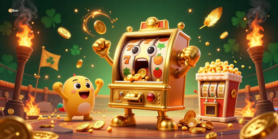 Join the jackpot celebration of 69vn with a golden slot machine and cheering characters.