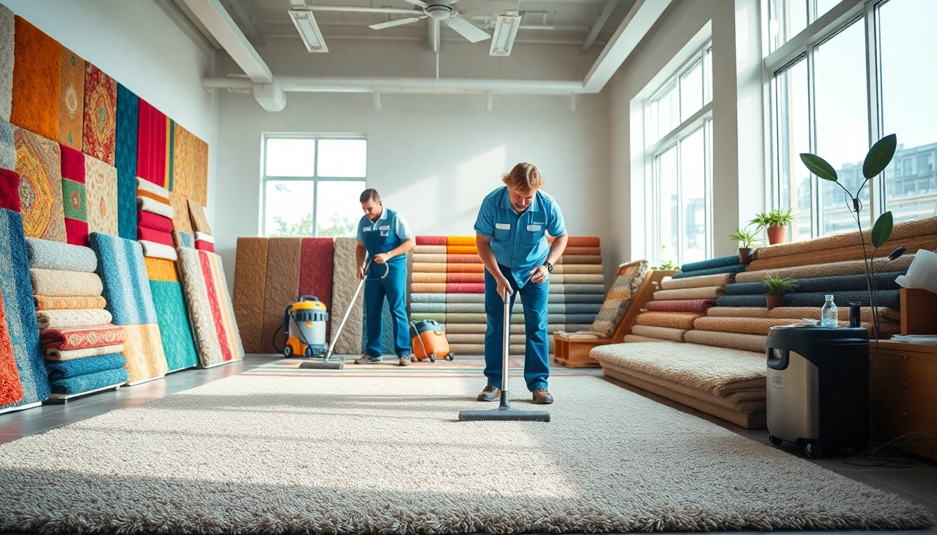 Local carpet cleaners actively working on a vibrant carpet in a well-lit room, showcasing expertise and professionalism.