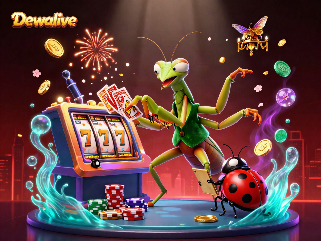Dewalive showcases a vibrant 3D casino scene with a giant praying mantis dealing cards and exploding fireworks.