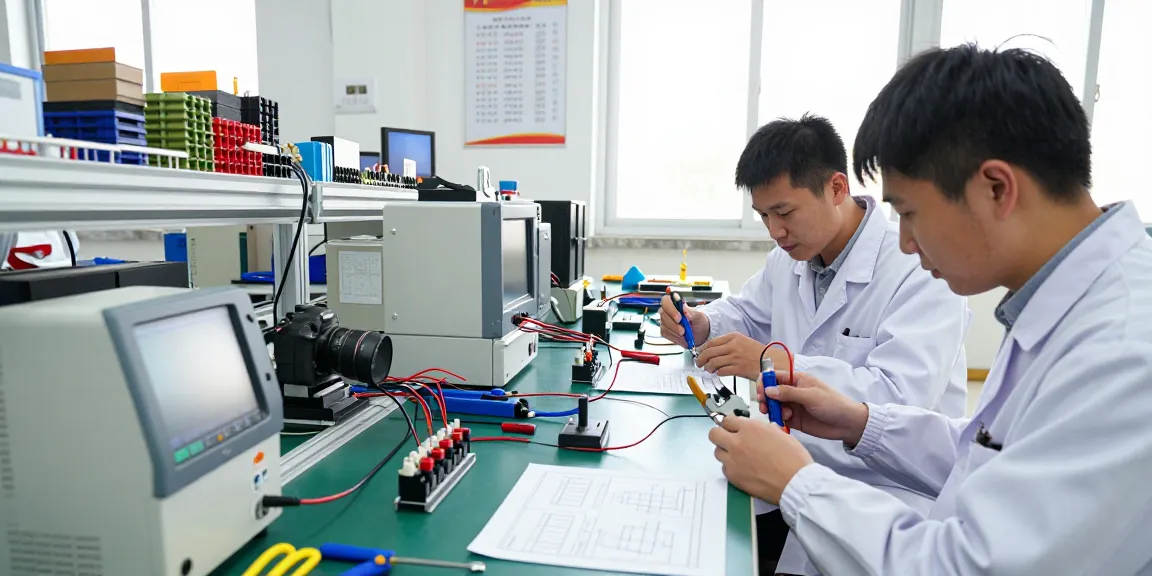 Engineers working with crimp connectors in a bright industrial electronics workshop.