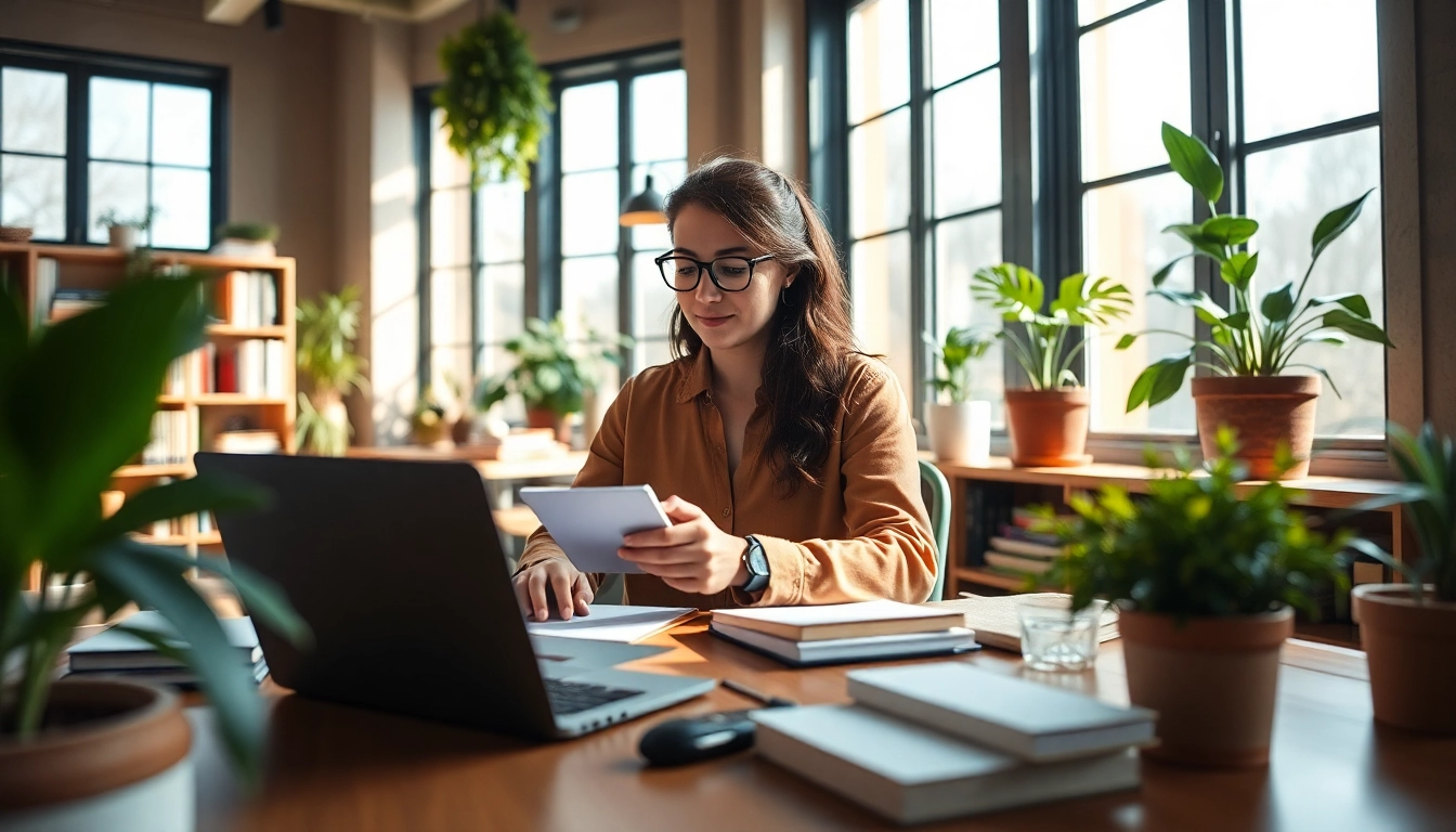 innerpreneur collaborating in a bright workspace, surrounded by greenery and modern tools.
