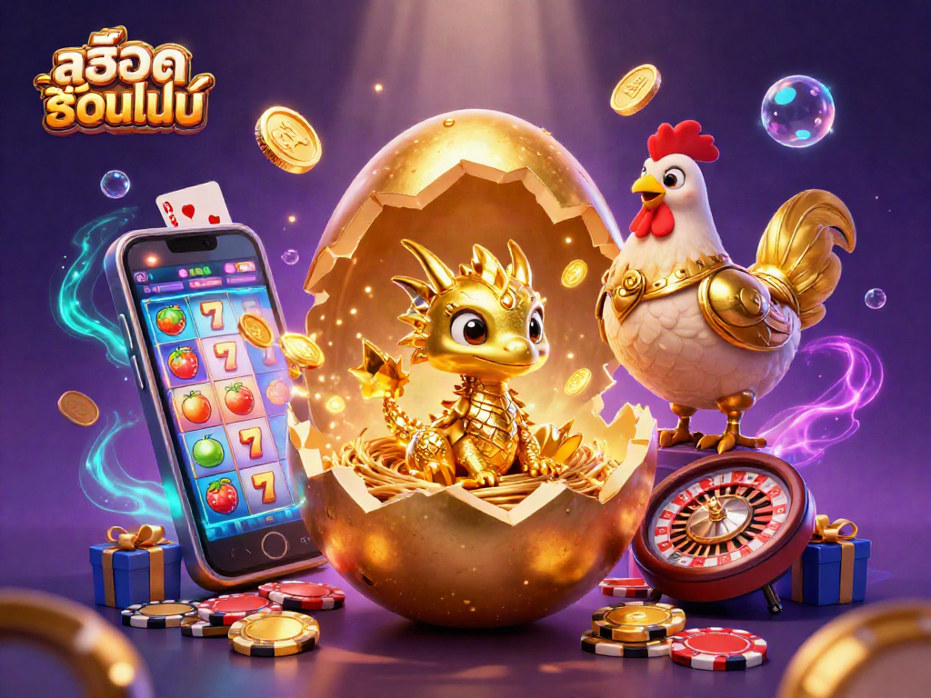 Experience the thrill ofสล็อตออนไลน์ with a golden dragon surrounded by vibrant slot games and casino elements.