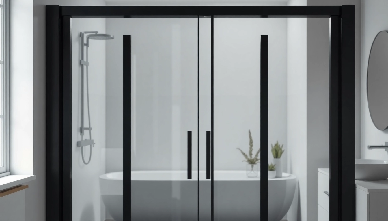 Showcase of a stunning black shower door black frame in a modern bathroom with minimalistic decor.