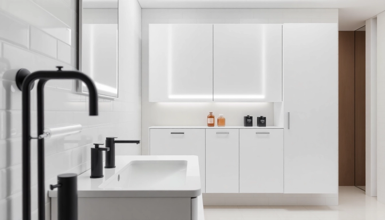 Show elegant illuminated bathroom cabinets enhancing a modern bathroom ambiance.