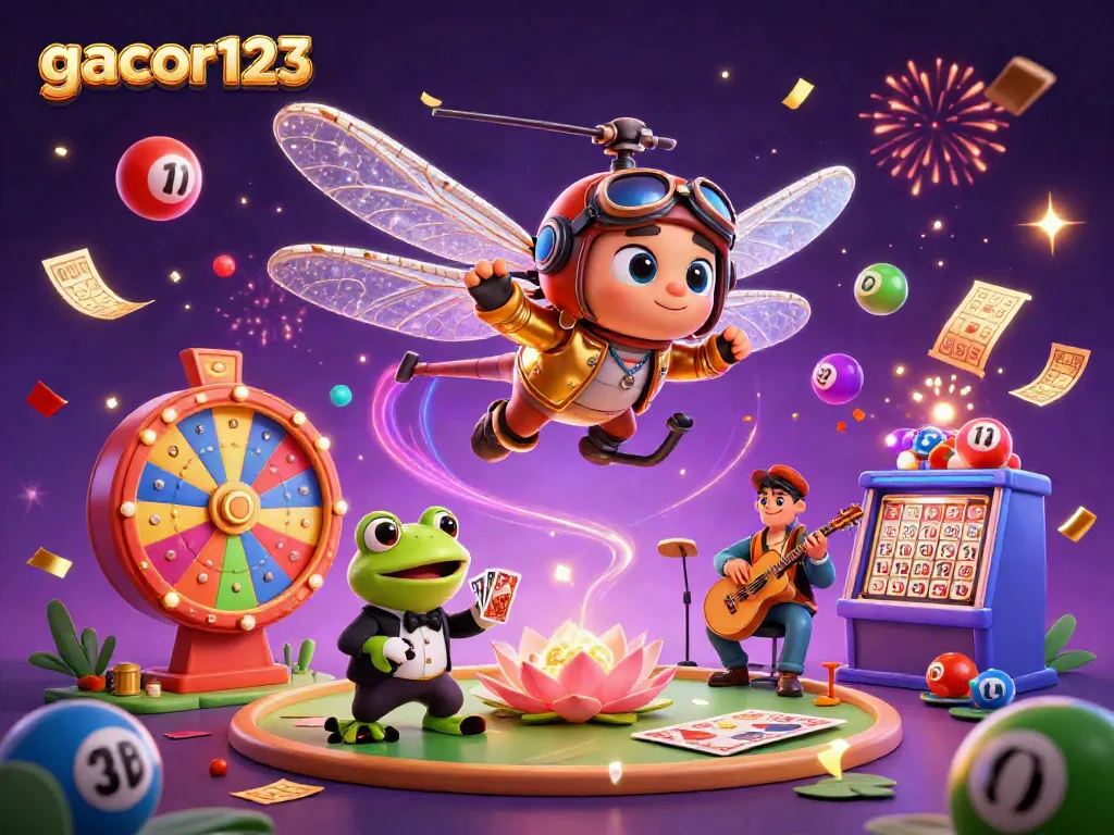Experience exciting gaming with gacor123 as a dragonfly pilot and frog croupier in a magical casino scene.