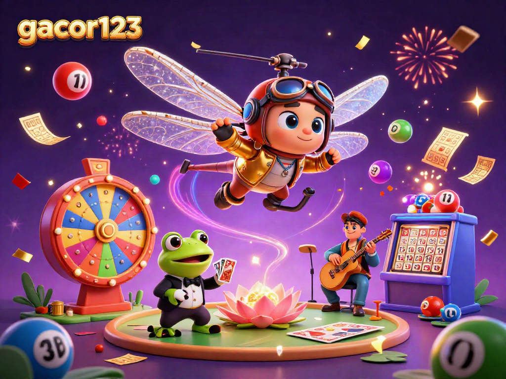 Experience exciting gaming with gacor123 as a dragonfly pilot and frog croupier in a magical casino scene.