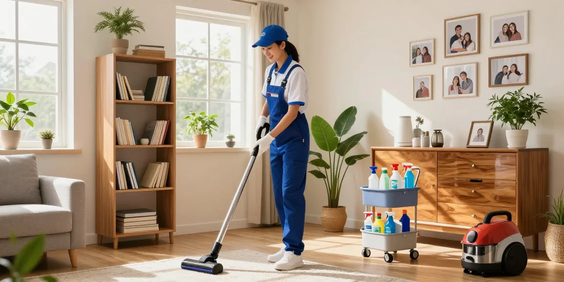 More from our blog showcasing a professional cleaner meticulously organizing and dusting a cozy living room.