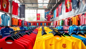 Shop vibrant and stylish discount football shirts in a lively sports store setting.