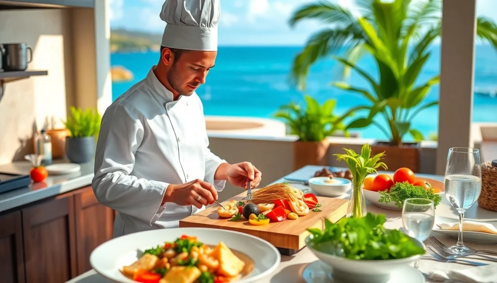 Chef creating gourmet meals in a luxurious setting, St Martin Private Chef showcasing culinary artistry.
