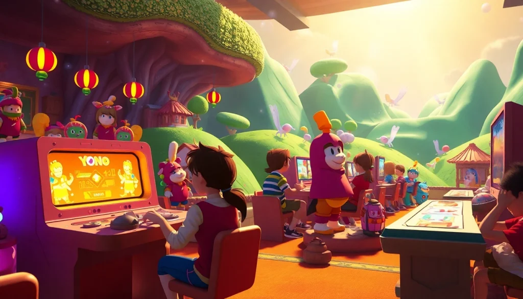 Players exploring exciting Yono games with colorful characters and vibrant landscapes, showcasing fun.