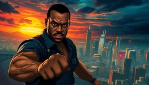 Bayside Boom action-packed scene featuring Orlando Black in a heroic stance against a dramatic city backdrop.