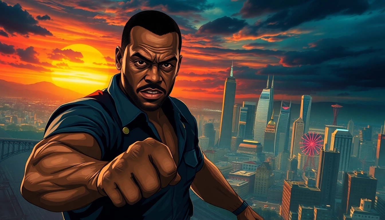 Bayside Boom action-packed scene featuring Orlando Black in a heroic stance against a dramatic city backdrop.