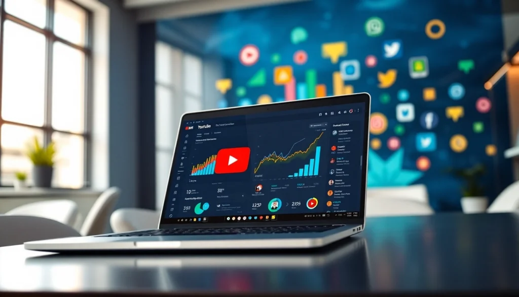 Engaging YouTube SMM panel interface on a laptop, illustrating social media marketing analytics and insights.