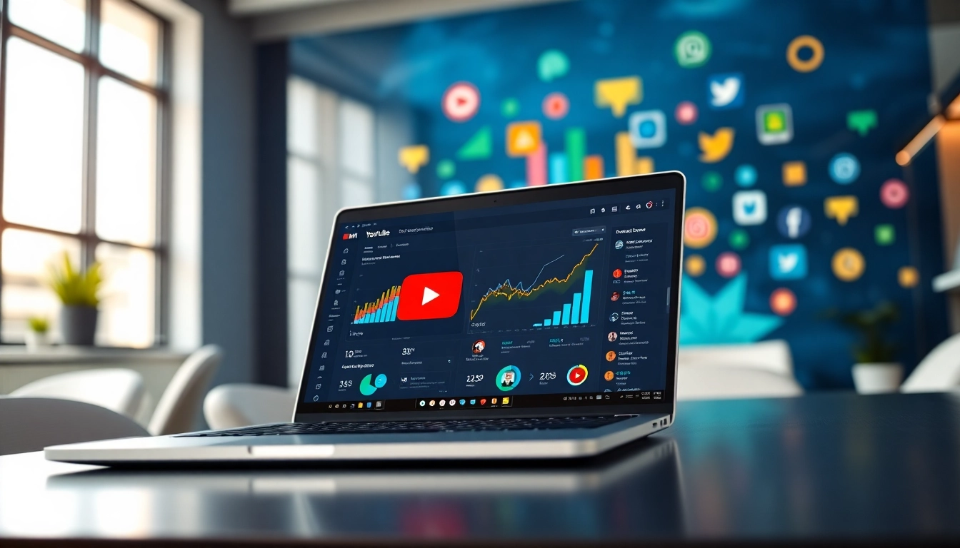 Engaging YouTube SMM panel interface on a laptop, illustrating social media marketing analytics and insights.