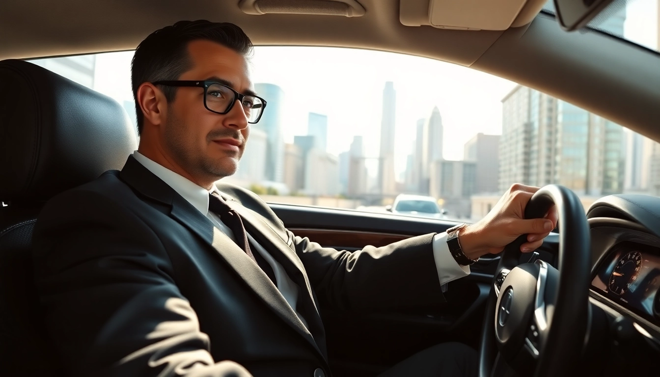 Chauffeur Hire showcasing a professional chauffeur in a luxury vehicle against a city backdrop.