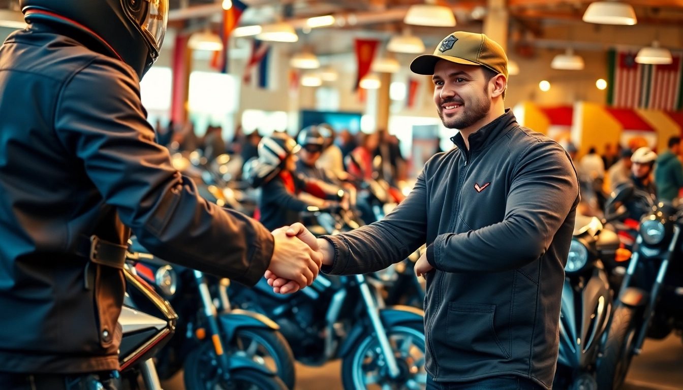 Motorrad verkaufen: Ein Verkäufer präsentiert verschiedene Modelle in einem lebhaften Markt.