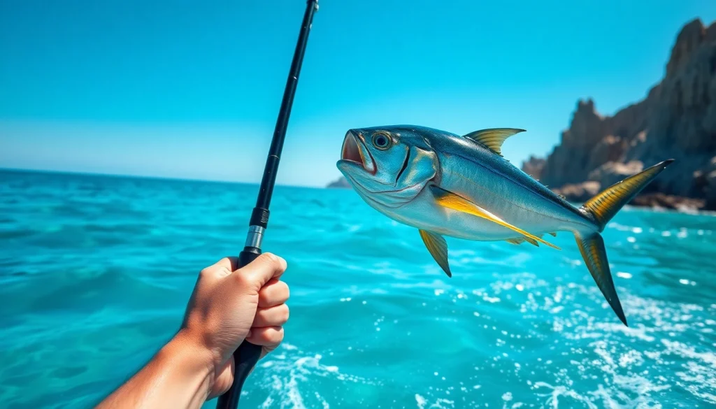 Reeling in a Wahoo fish while fishing in the stunning waters of Cabo San Lucas.