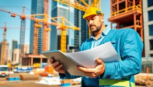 New York Construction Manager examining blueprints on a busy job site.