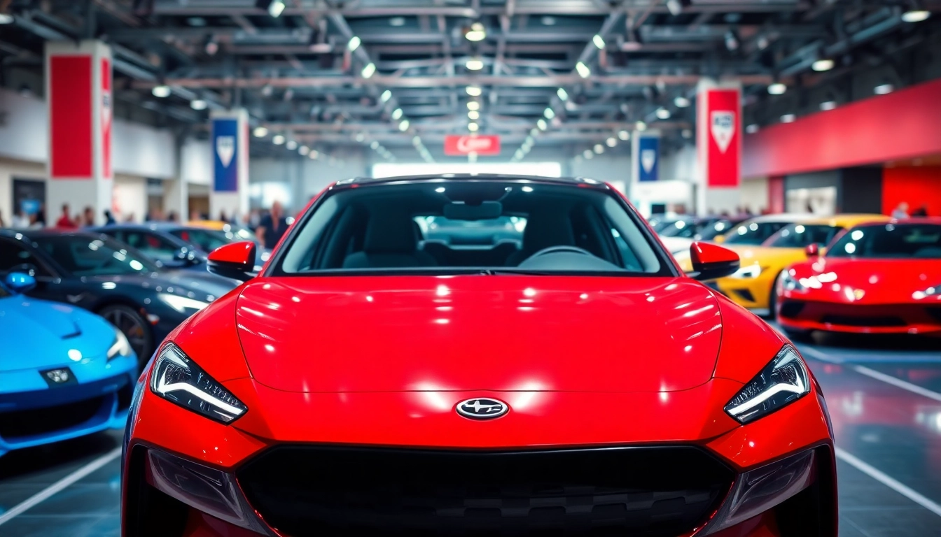 Showcase of the Auto Cars Show with vibrant new models on display at a lively expo.