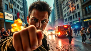 Ex-Special Forces hero stops a disaster in Bayside Boom, showcasing action and urgency in a chaotic city scene.