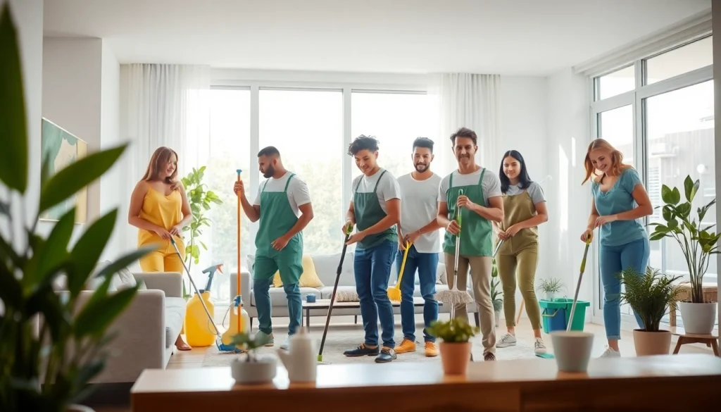 Efficient cleaning service team thoroughly cleaning a bright living room with eco-friendly products.