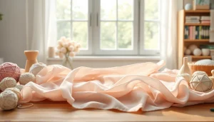 Mousseline stof prachtig gedrapeerd over een tafel met kleurrijk garen en naaigerei.