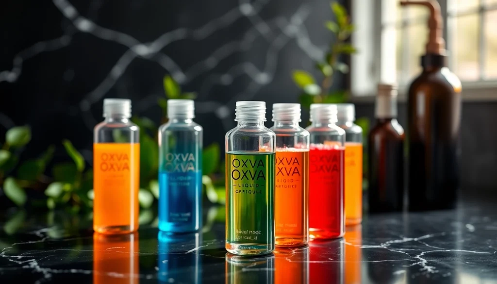 Oxva Liquid bottles elegantly displayed against a dark background, highlighting quality and freshness.