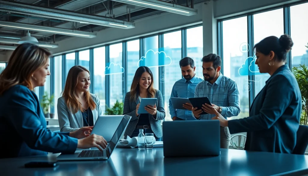 Showcase managed IT service collaboration in a modern office with diverse professionals.