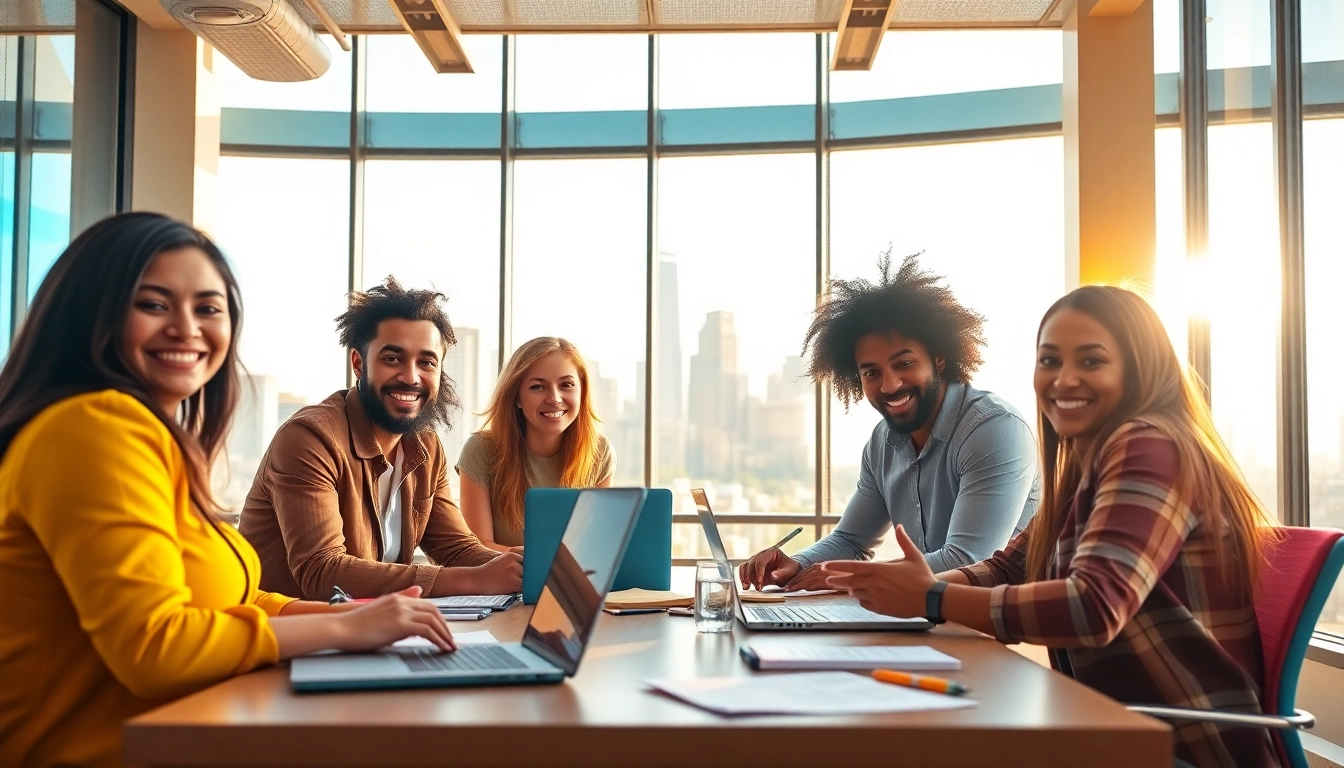 Engaged professionals collaborating in a vibrant office for Chicago jobs search.