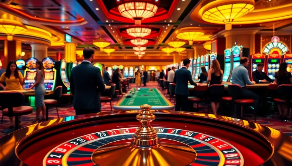 Engaging scene of online casinos in Canada with players at roulette and slot machines.