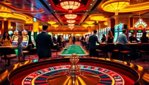 Engaging scene of online casinos in Canada with players at roulette and slot machines.
