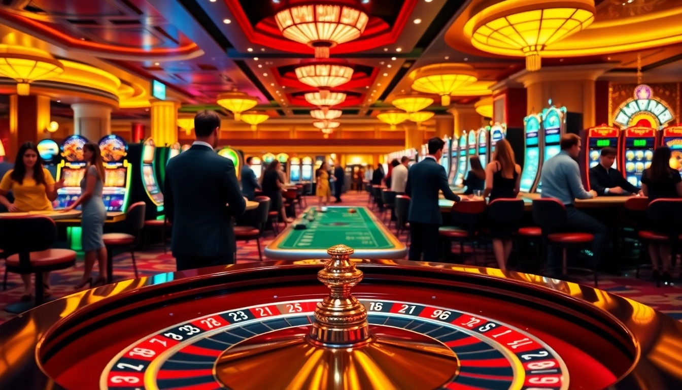 Engaging scene of online casinos in Canada with players at roulette and slot machines.