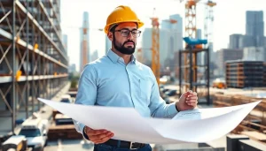 New York City General Contractor reviewing plans at a bustling construction site with cranes in the background.