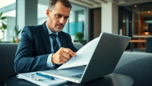 Engage in a professional job search with a determined individual reviewing resumes in an office.